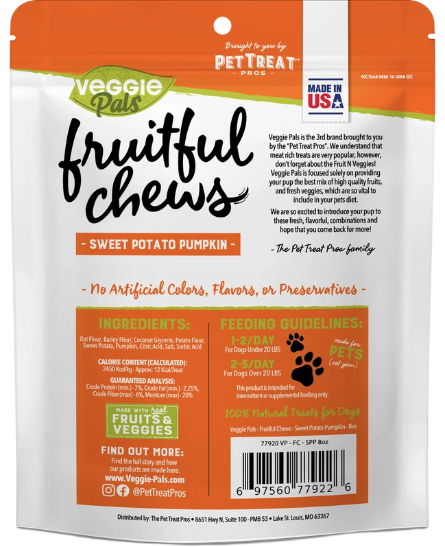 Back of Sweet Potato Pumpkin Veggie Pals product package showing ingredients and nutritional information