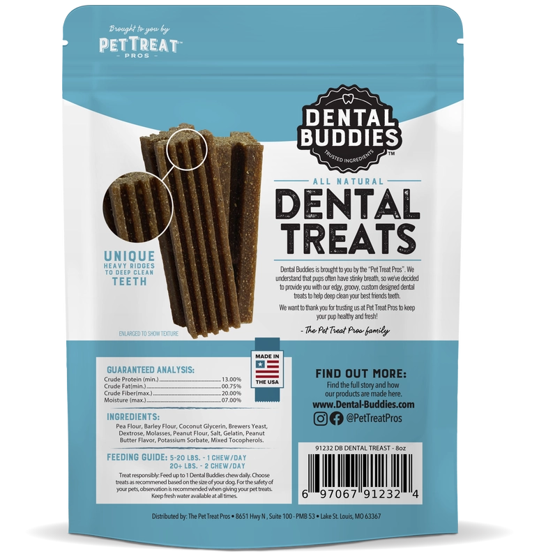 Back of Dental Buddies Dog Treats package, showing ingredient list and nutritional information.