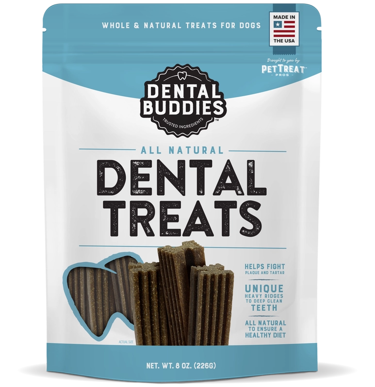 Front of Dental Buddies Dog Treats package, featuring all-natural dental chews for dogs with 360-degree cleaning ridges.