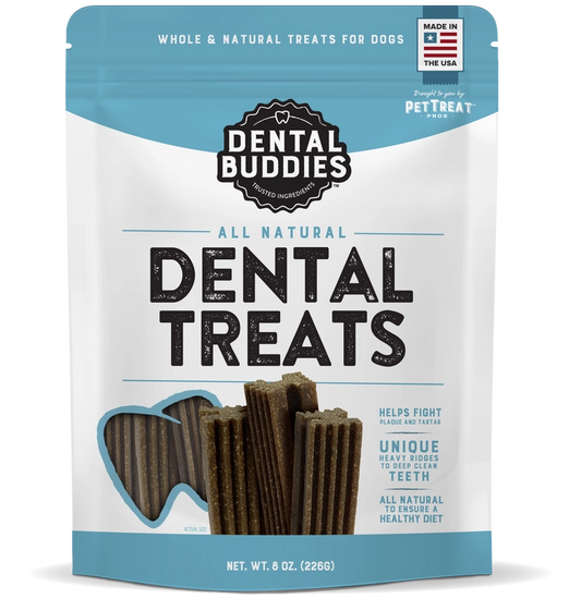 Front of Dental Buddies Dog Treats package, featuring all-natural dental chews for dogs with 360-degree cleaning ridges.