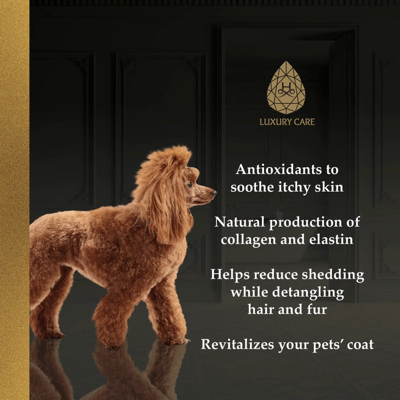 Hydra Luxury Care Moisturizing Shampoo, listing 4 benefits alongside a dog.